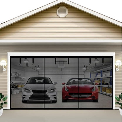 Magnetic Garage Door Screen 16x10ft Hands Free Net Curtains, Retractable Fiberglass Doors Cover Closure for 2 3 Car Garage Carport Patio Balcony Porch Gazebo Backyard Greenhouse RV (Black, 16x10ft)