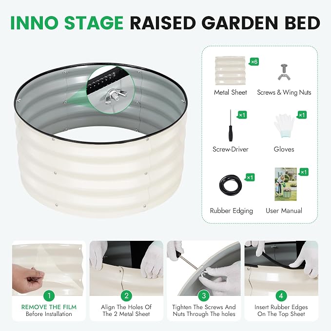 INNO STAGE 3 Pcs Round Galvanized Raised Garden Bed — 2×2×1ft Planter Box Outdoor Raised Beds Kit for Gardening Vegetables, Fruits, Herbs, and Flowers, White