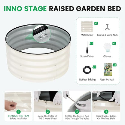 INNO STAGE 3 Pcs Round Galvanized Raised Garden Bed — 2×2×1ft Planter Box Outdoor Raised Beds Kit for Gardening Vegetables, Fruits, Herbs, and Flowers, White
