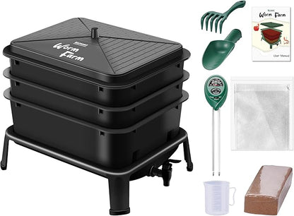 Blütezeit 3-Tray Worm Composter, 32QT Worm Farm with Compost Worms Starter Kit for Indoor & Outdoor Vermicomposting, Worm Bin for Recycling Food Waste (Black)