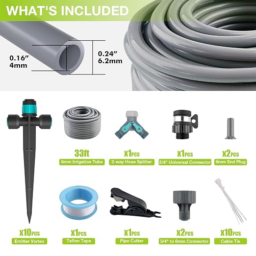 Drip Irrigation System, Automatic Drip Irrigation Kit for Potted Plants, 33ft Quick Connector Garden Watering System with 6mm Irrigation Tubing Hose Adjustable Emitters