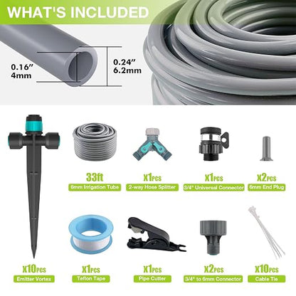 Drip Irrigation System, Automatic Drip Irrigation Kit for Potted Plants, 33ft Quick Connector Garden Watering System with 6mm Irrigation Tubing Hose Adjustable Emitters