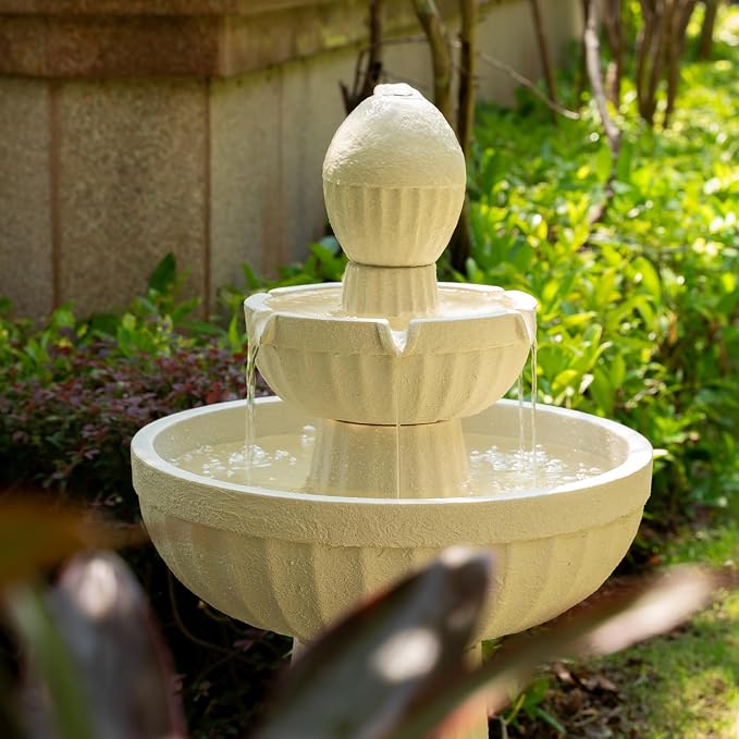 37.80” H Outdoor Water Fountain Made with Eco-Friendly Recyclable Materials, Polyethylene Cascading Waterfall Water Fountain Outdoor, Garden Decor with LED Light for Patio, Backyard (White)