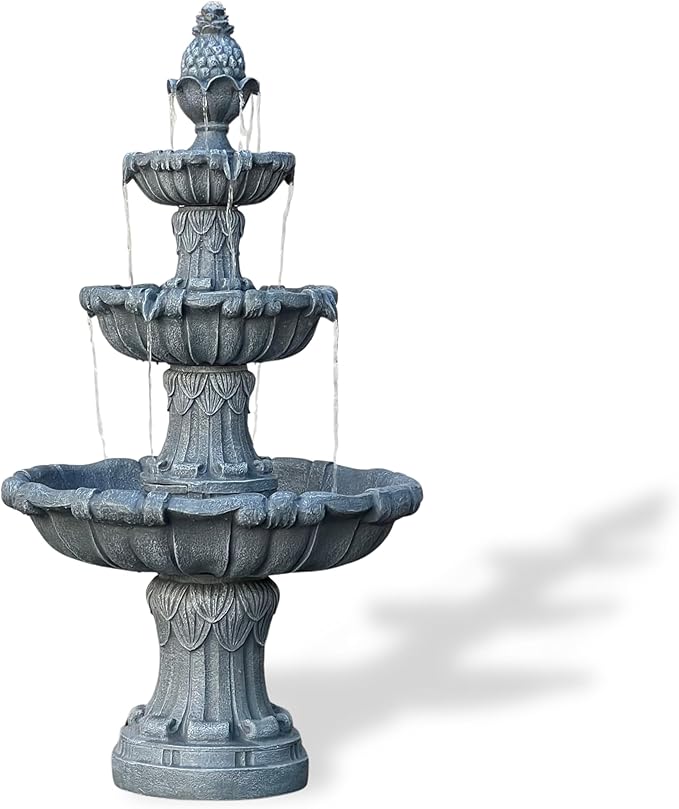 XBrand 58.3" 3-Tier Outdoor Freestanding Water Fountain - Classic Leaf Design, Light Gray Resin, Large Bird Bath with Pump - Ideal for Yard, Lawn and Garden, Porch Décor