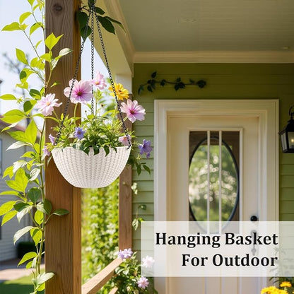 RooTrimmer Hanging Planters for Indoor Outdoor Plants 8 and 10 Inch, 4 Packs Hanging Flower Pot with Drainage Holes, Self-Watering Hanging Basket Perfect for Home, Office and Garden, White