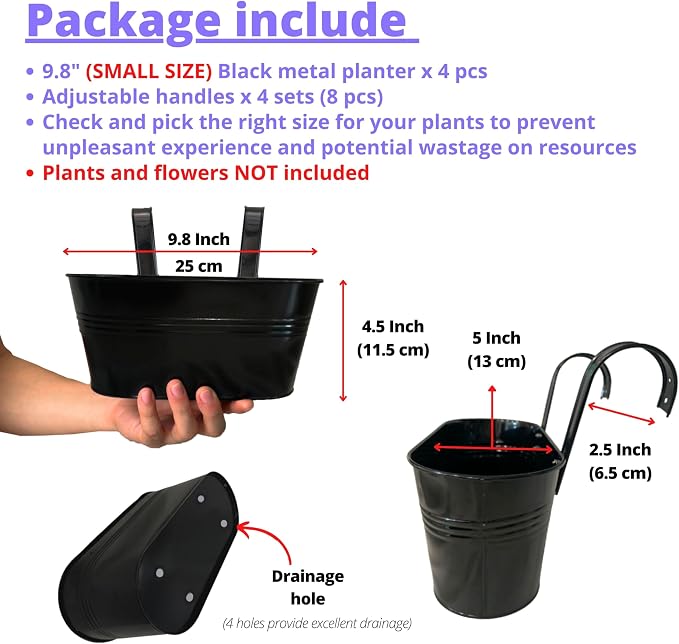 LaLaGreen Outdoor Rail Planter for Balcony (4 Pack, 9.8 Inch) Small and Cute Black Metal Iron Fence Hanging Flower Pots Deck Railings Buckets Boho Style Window Box Plant Holder Hooks Porch Decor