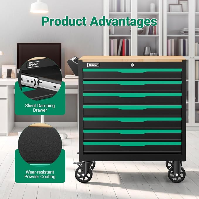 7-Drawer Tool Chest with Wood Top, 31.3W x 18.9D x 32.3H inches, Black and Green，Locking Rolling Tool Box with Wheels,Mechanic Tool Cabinets for Garage, Warehouse,Repair Shop(7 Drawers)