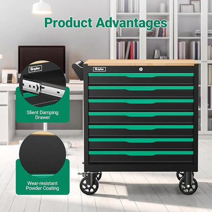 7-Drawer Tool Chest with Wood Top, 31.3W x 18.9D x 32.3H inches, Black and Green，Locking Rolling Tool Box with Wheels,Mechanic Tool Cabinets for Garage, Warehouse,Repair Shop(7 Drawers)