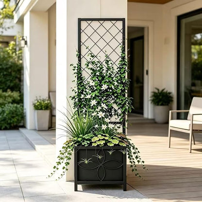 Zhongma 15.75 x 15.75 x 55 in Raised Garden Bed with Trellis,Heavy Duty Plant Box for Climbing Plants with Drainage Hole, Metal Lattice Planter Gardon Box with Inner Fabric Liners.