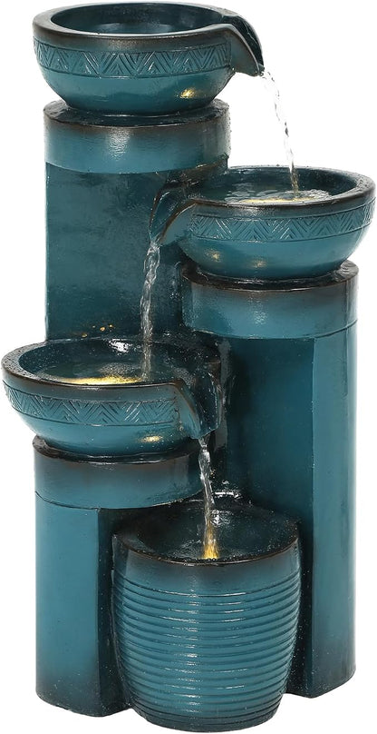 AUTODAYA 19.3" Faux Ceramic Outdoor Water Fountain with LED Lights | 4-Tier Resin Cascading Water Feature with Pedestal Waterfall for Garden, Patio, Yard or Porch