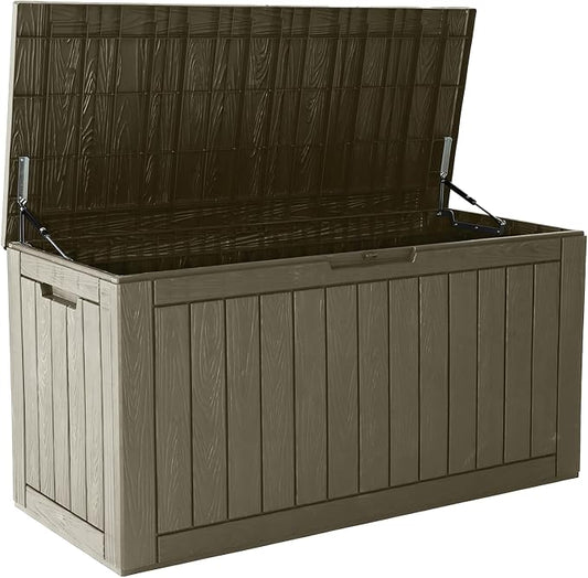 Outdoor Storage Box, 120 Gallon Resin Deck Boxes Outdoor Waterproof For Patio Furniture, Garden Tools, Pool Supplies, Lockable And UV Resistant (Striped Gray)