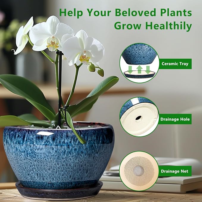 Ceramicfor Ceramic Planter 11 Inch - Ceramic Pots for Plants Indoor Outdoor, Large Plant Pot with Drainage Hole and Saucer, Decorative Round Planter, Plant Lover Gifts, Garden Decor, Blue