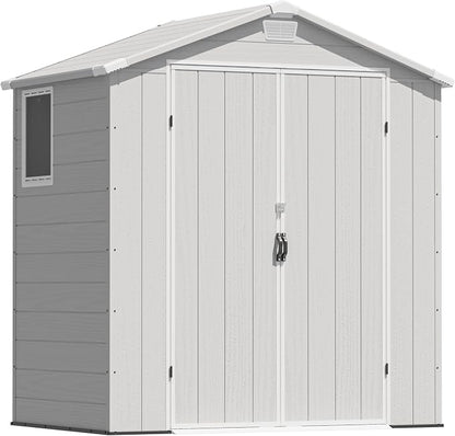 Greesum 6x4FT Plastic Outdoor Storage Shed with Floor, Resin Sheds with Lockable Double Door, Tool Sheds with Window & Vents, for Garden, Yard, Patio, Light Gray