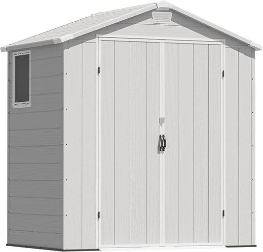 Greesum 6x4FT Plastic Outdoor Storage Shed with Floor, Resin Sheds with Lockable Double Door, Tool Sheds with Window & Vents, for Garden, Yard, Patio, Light Gray