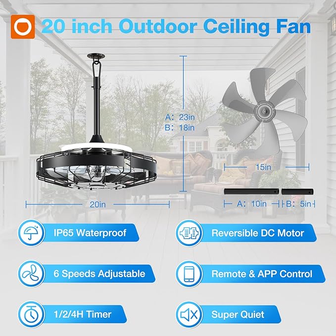 addlon 20 Inch Outdoor Ceiling Fan with Light for Patio, IP65 Waterproof Plug in Caged Hanging Fan, Remote Control, 3000-6000K Dimmable, 6 Speeds Reversible Outdoor Fan for Gazebo, Pergola, Porch