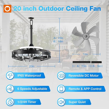 addlon 20 Inch Outdoor Ceiling Fan with Light for Patio, IP65 Waterproof Plug in Caged Hanging Fan, Remote Control, 3000-6000K Dimmable, 6 Speeds Reversible Outdoor Fan for Gazebo, Pergola, Porch