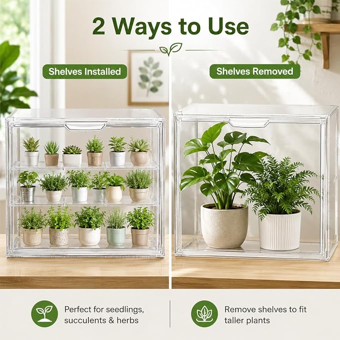 Mini Greenhouse for Indoor, Clear Stackable Green House with Magnetic Door & Adjustable Drainage Dividers, Tabletop Portable Greenhouse for Small Plants Nursery Germination and Display (1 Pack)