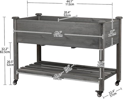 Raised Garden Bed with Lockable Wheels, 48x24x32 inch Elevated Wood Planter with Storage Shelf Protective Liner for Vegetable Flower Herb Outdoor Balcony Patio Backyard, Grey