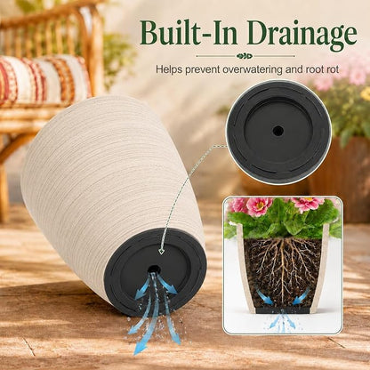 Neoaider Set of 2 Tall Planter, 21 inch Large Plastic Planter, Oat Color | Ceramic-Look, Lightweight, Built-in Drain Hole, Saucers, Tall Outdoor Planter for Porch, Garden, Patio, Balcony