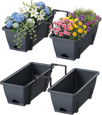 Deck Railing Planter Boxes Set of 2, Adjustable Window Planter Box with Removable Hanging Plant Holder, 17 Inch Rectangular Herb Garden Planters for Porch Fence Balcony Apartment Patio Decor, Grey