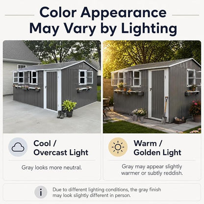 KEIKI 12x10 FT Outdoor Metal Storage Shed with 3 Clear Windows, Flower Rack Lockable Single Door Heavy Duty Steel Tool Shed Waterproof Rust Resistant Windproof for Backyard Garden Patio, Grey