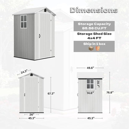 Devoko 4×4 FT Resin Storage Shed with Floor, Plastic Outdoor Garden Shed with Windows and Lockable Doors, Waterproof Outside Tool Sheds for Patio Backyard Lawn, Light Gray