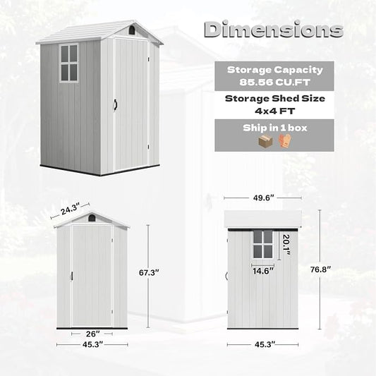 Devoko 4×4 FT Resin Storage Shed with Floor, Plastic Outdoor Garden Shed with Windows and Lockable Doors, Waterproof Outside Tool Sheds for Patio Backyard Lawn, Light Gray