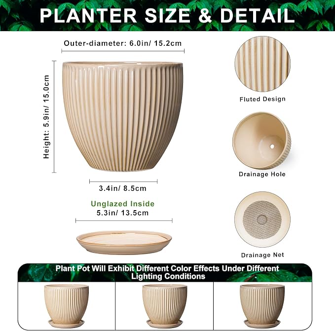 Ceramic Plant Pot, 6 Inch Succulent Pots with Drainage Hole and Saucer, Decorative Pot for Indoor Plants, Modern Indoor Flower Pots, Round Planter, Bedroom Decor, Plant Lover Gifts, Beige