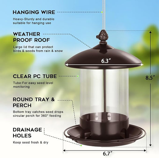 Gbekery Metal Bird Feeders for Outdoors Hanging, Weather Resistant Wild Bird Feeder with 360 Degree Feeding Tray, Brown