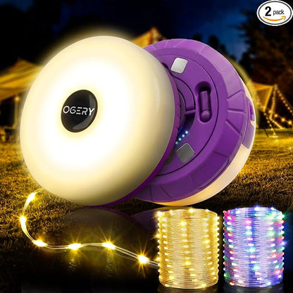 OGERY Camping String Lights 32.8FT, 4 in 1 Quick Storage Rechargeable Tent Lights with 8 Modes, Waterproof Portable LED Lantern for Outdoor Patio Awning Garden Party, 2-Pack