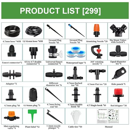 164FT Garden drip Irrigation System Kit: 299PCS Hose - Auto Garden Watering Irrigation System - with 5 Kinds of Sprayers 1/4" & 1/2" Fast-Lock Tubing - for Greenhouse, Yard, Lawn, Raised Bed
