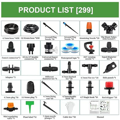 164FT Garden drip Irrigation System Kit: 299PCS Hose - Auto Garden Watering Irrigation System - with 5 Kinds of Sprayers 1/4" & 1/2" Fast-Lock Tubing - for Greenhouse, Yard, Lawn, Raised Bed