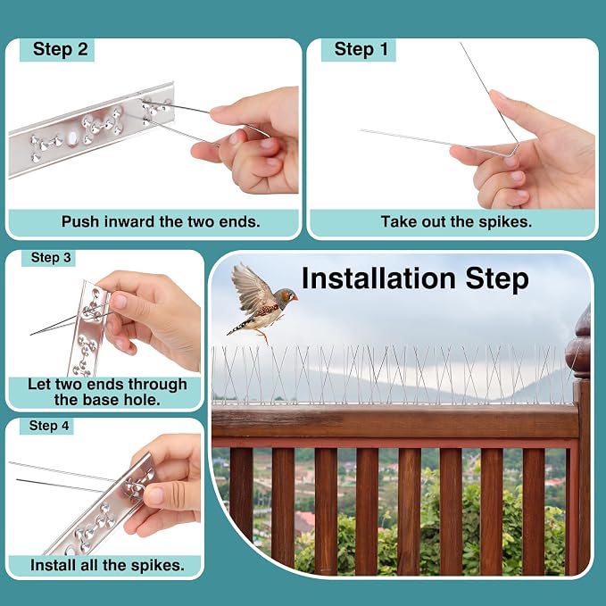 Bird Spikes with Stainless Steel Base Bird Deterrent Spikes | Outdoor Use, for Small Bird Pigeons Crows and Woodpeckers Fence Roof and Wall