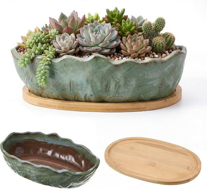 Succulent Pot 11 Inch Large Succulent Planters with Drainage Ceramic Bonsai Pot with Bamboo Tray Round Shallow Planter for Indoor Cactus Flower Planter Window Box for Home Garden Decor (Green)