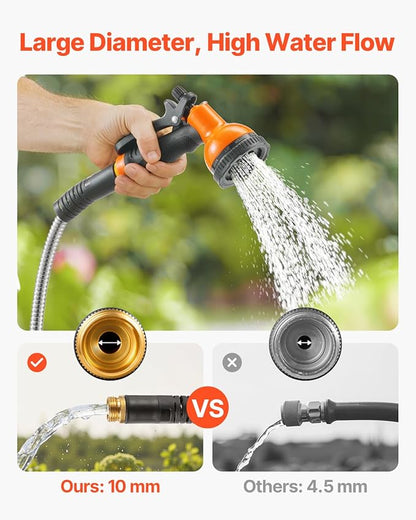 VEVOR Garden Hose Metal 100FT – Heavy Duty Stainless Steel Water Hose, Flexible, No Kink & Tangle, Puncture Resistant & Rust Proof, Lightweight w/ 10-Function Spray Nozzle for Yard, Outdoor, Gardening