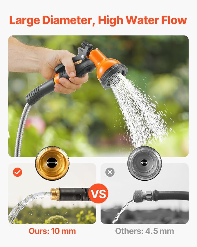 VEVOR Metal Garden Hose 25 ft, Rust Proof Stainless Steel Water Hose, Heavy Duty Backyard Hose with 10 Function Nozzle, No-Kink & Flexible Water Pipe, Lightweight Metal Hose for Yard, Outdoor