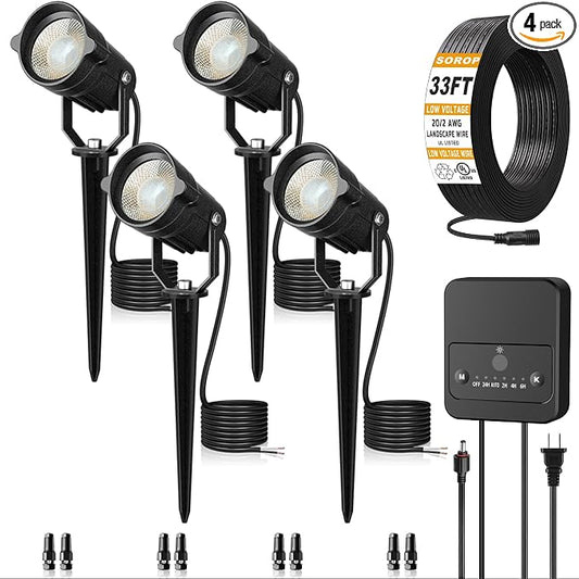 Landscape Lighting Kit, 6W Low Voltage Landscape Lights with Dusk to Dawn Transformer 33FT Wire, Waterproof Outdoor Landscape Lights 3000K 12-24V, Outdoor Spotlight for Yard House 4Pack