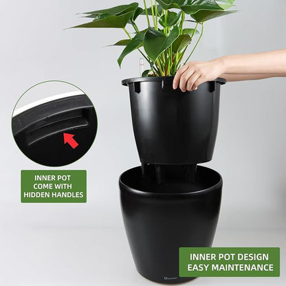 Dexceder 13x12 Self Watering Planter with Wheels (Black Matte) | Inner Pot Design, Thickened Large Floor Standing Flower Plant Pot with Water Level Indicator Indoor Outdoor