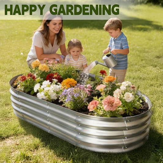 Galvanized Raised Garden Bed Outdoor, Large Raised Bed for Gardening, 4Pcs 4x2x1ft Oval Metal Planter Box for Vegetables, Fruits, Flowers, Silver