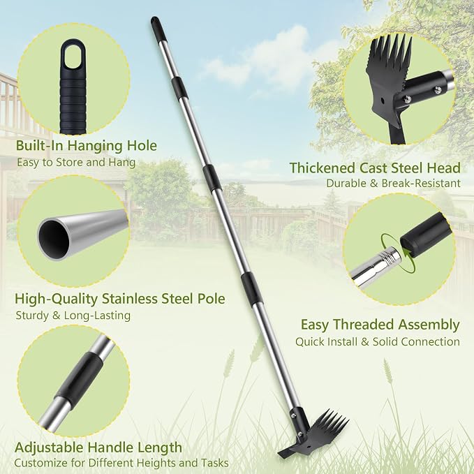 2 in 1 Crack Weeder and Weed Puller Tool with Long Handle - 57" Hand Weed Rake & Crevice Weeding Tool, Manual Weeding Remover Uprooting Garden Tools for Lawn, Yard, Patio and Paver, Sidewalk Cracks