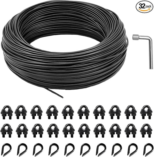 String Light Hanging Kit Outdoor, All-Black Globe String Lights Suspension Kit w/ 100FT PVC Coated Steel Cable & Enough Accessories, Guide Wire for String Light, Patio Light, Camping Light