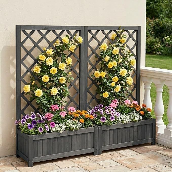 Wooden Raised Garden Bed with Trellis, 40" Outdoor Planter Box for Climbing Plants, Vertical Modern Gray Garden Planter for Vegetables, Flowers & Vines, Lattice Plant Support for Patio Yard Balcony
