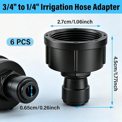 6 Pack 3/4" Female to 1/4" Quick Connect Drip Irrigation Faucet Adapter | Fits standard 3/4" Garden Faucets & Hoses,Leak-Proof,Tool-Free Install for Outdoor Watering,Raised Beds and Drip Systems