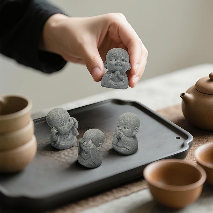 4Pcs Mini Monk Buddha Statues, See Hear Speak Think No Evil Mini Monk Decor, Handcrafted Sandstone Resin Zen Statues for Home Office Desk Car Dashboard, Feng Shui Spiritual Gifts for Peace & Calm