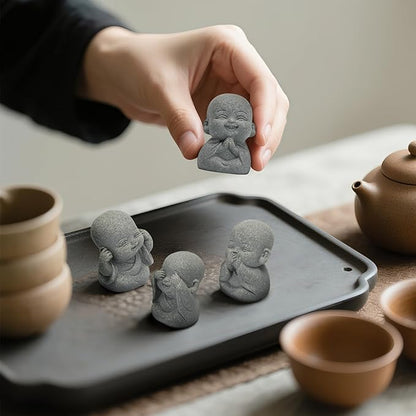 4Pcs Mini Monk Buddha Statues, See Hear Speak Think No Evil Mini Monk Decor, Handcrafted Sandstone Resin Zen Statues for Home Office Desk Car Dashboard, Feng Shui Spiritual Gifts for Peace & Calm