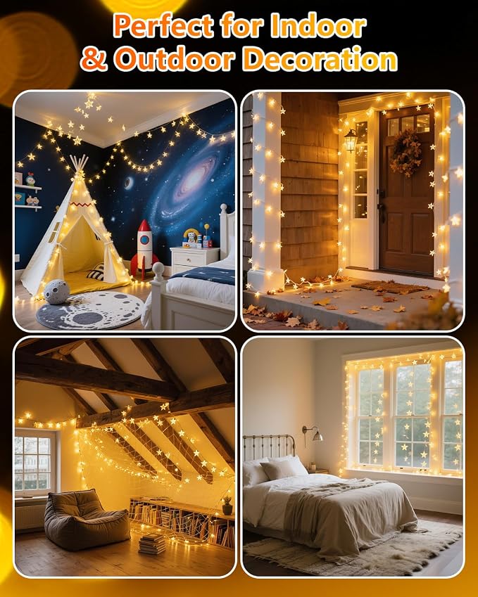 Twinkle Star 2 Pack 100 LED Star String Lights, Warm White | Plug In, Waterproof, Indoor Outdoor Use, Bedroom Wedding Party Ramadan Christmas Decor