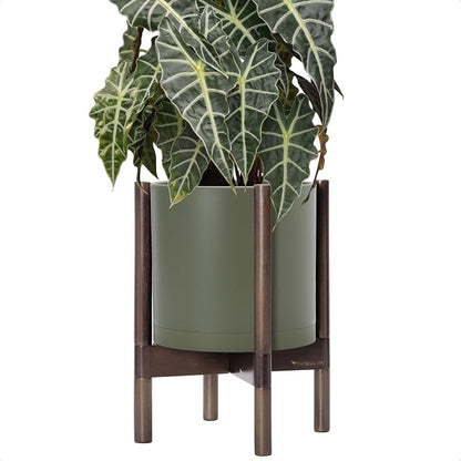 D'vine Dev Plastic Pot with Walnut Wood Stand, Olive, 10 in, 55-C-L-3 | Mid-Century Inspired Design, Elevated Plant Display, Clean Lines, Sturdy Support, Modern Space-Saving Style