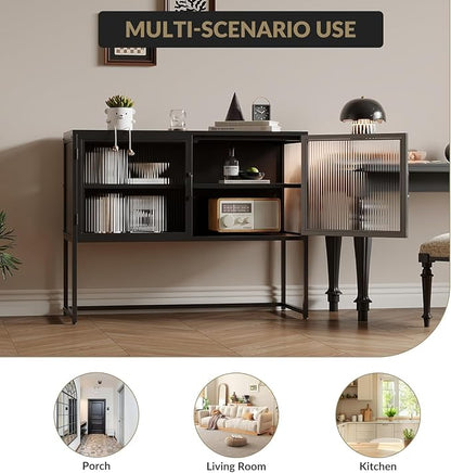 GarveeHome Buffet Cabinet with Glass Doors, Sideboard Cabinet with Adjustable Shelves, Freestanding Glass Storage Cabinet for Kitchen, Living Room, Dining Room, Black