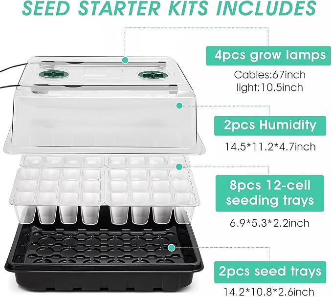 Seed Starter Tray with Grow Light, 192-Cell Seed Starter Kit, Seedling Starter Trays with Humidity Domes, Automatic Timer, Adjustable Light Indoor Gardening Plant Germination Trays