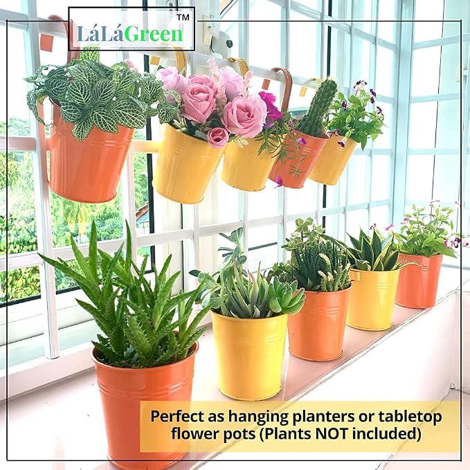 LaLaGreen Rail Planter for Outdoor Plants (4 in, 10 Pack) Orange Metal Pots | Fence rail planters for balcony, apartment, patio, porch, deck, herb, succulent, cactus, outdoor plants